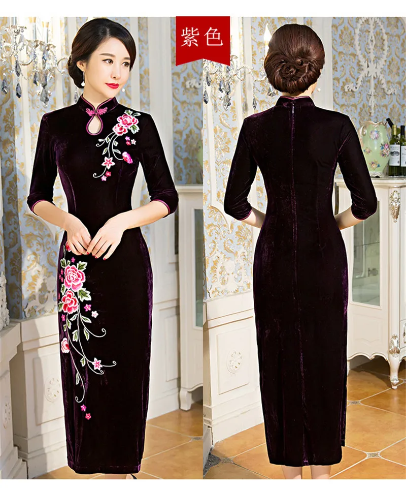 Для женщин большой размеры длинные бархатные Cheongsam вышивка мать Стенд воротник Длинные Qipao платье Половина рукава свадебный банкет 3XL 4XL