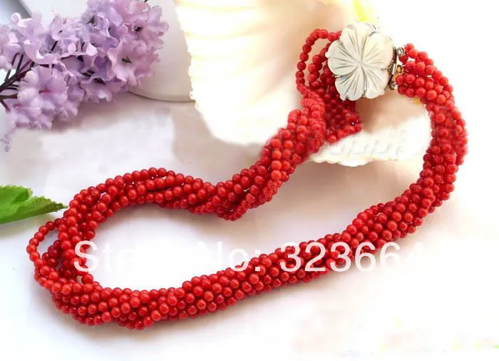 8 ряд 17 &quot4 мм натуральный круглый красный коралл ожерелье из бисера | Украшения и