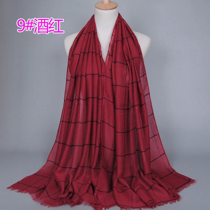 wine red 1 шт., Классический Клетчатый хлопковый мусульманский хиджаб, шарф для дам, длинные поперечные полоски, двойной цвет, исламские хиджабы, шаль, накидка - Цвет: wine red