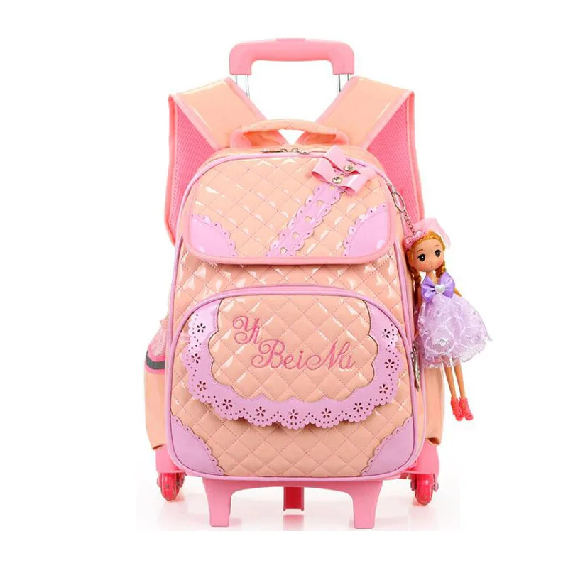light pink 3 Колеса Школьная Сумка на колесах девочки Школьный рюкзак с рисунком кукла молния Детский рюкзак водостойкий PU дети школьная сумка на колесах - Цвет: light pink