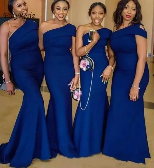 

Royal Blue One Shoulder Mermaid Bridesmaid Dresses Sweep Train Simple African Country Wedding Guest Gowns Maid Of Honor Dress