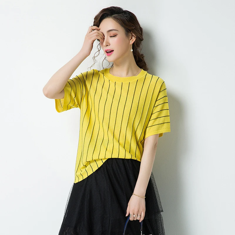 

New arrival summer women's knit blouse tops fashion striped o-neck ladies knit linen blouse shirt short sleeve