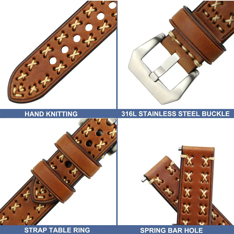 ZLIMSN High Quality Thick Genuine Leather Watchbands 20 22 24 26mm Brown Watch Strap 316L Brushed Silvery Stainless Steel Buckle