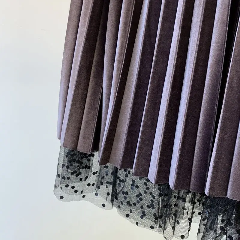 2019 Новое поступление в горошек тюль Сращивание Бархат плиссированная юбка