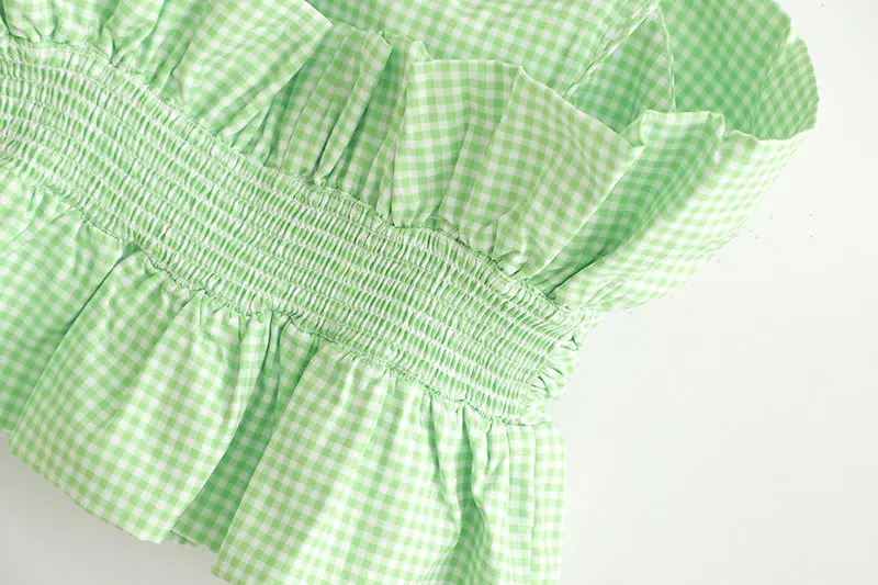 Топ женский укороченный на бретелях-спагетти пикантный клетчатый топ с оборками