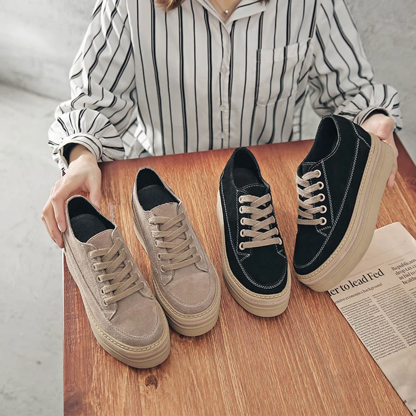 

2019 Women Med Heels Platform Shoes Increased Internal Casual Lady Shoes Sand/Black Spring/Autumn Female Shoes Woman Footwear