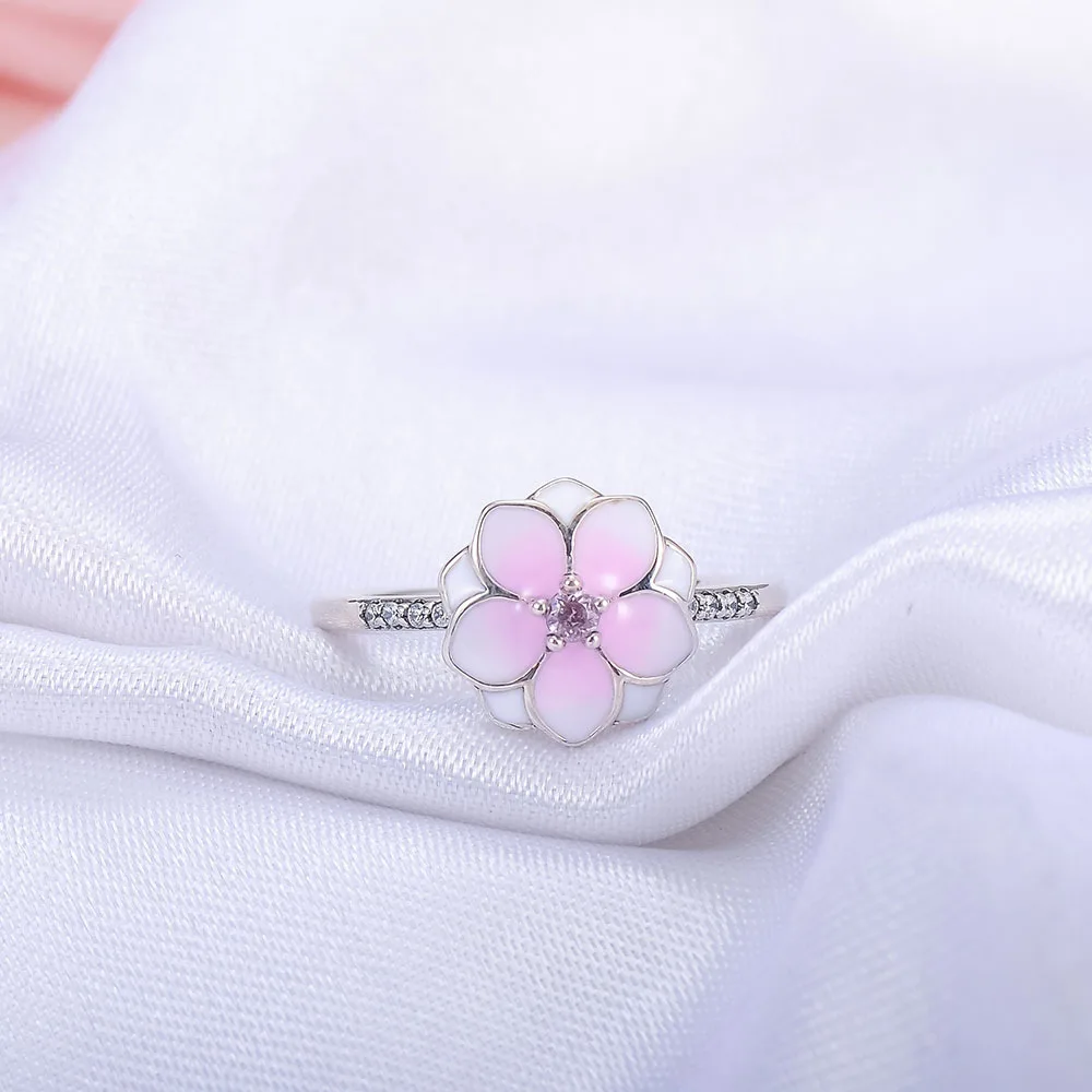 Beagloer мода розовой эмалью цветочные кольца 925 пробы серебро Магнолия Bloom цветок