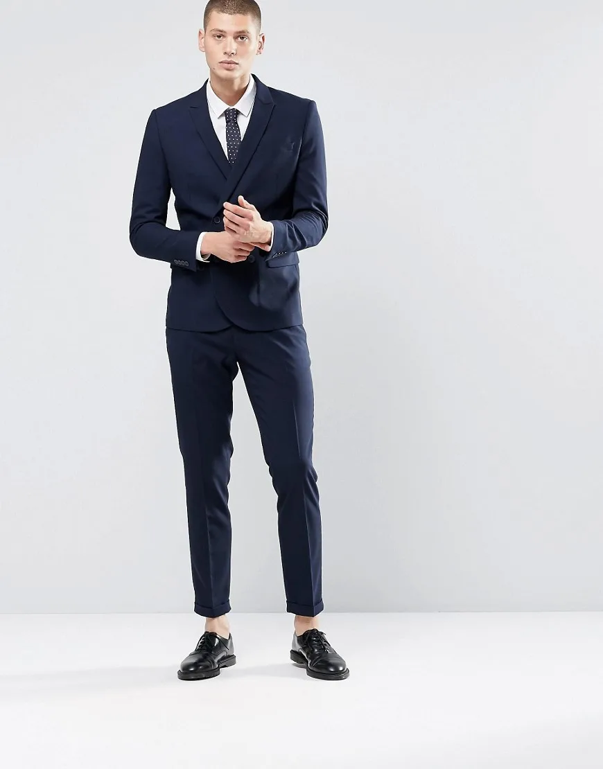 2019 Свадебный костюм мужской двубортный смокинг для жениха Темно-синие пик