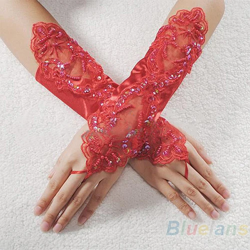 

Sexy Bride Party Fingerless Pearl Lace Satin Gloves Costume