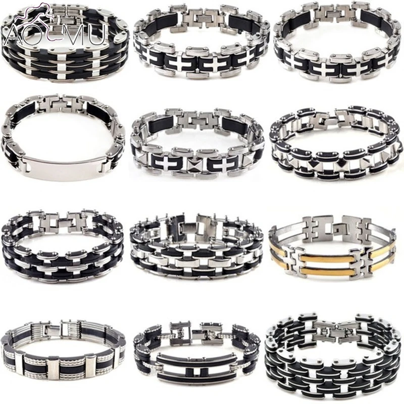 

Men Stainless Steel Link Chain Bracelets & Bangles Men's Cuff Wristband Biker Motorcycle Black Silicone Bracelet