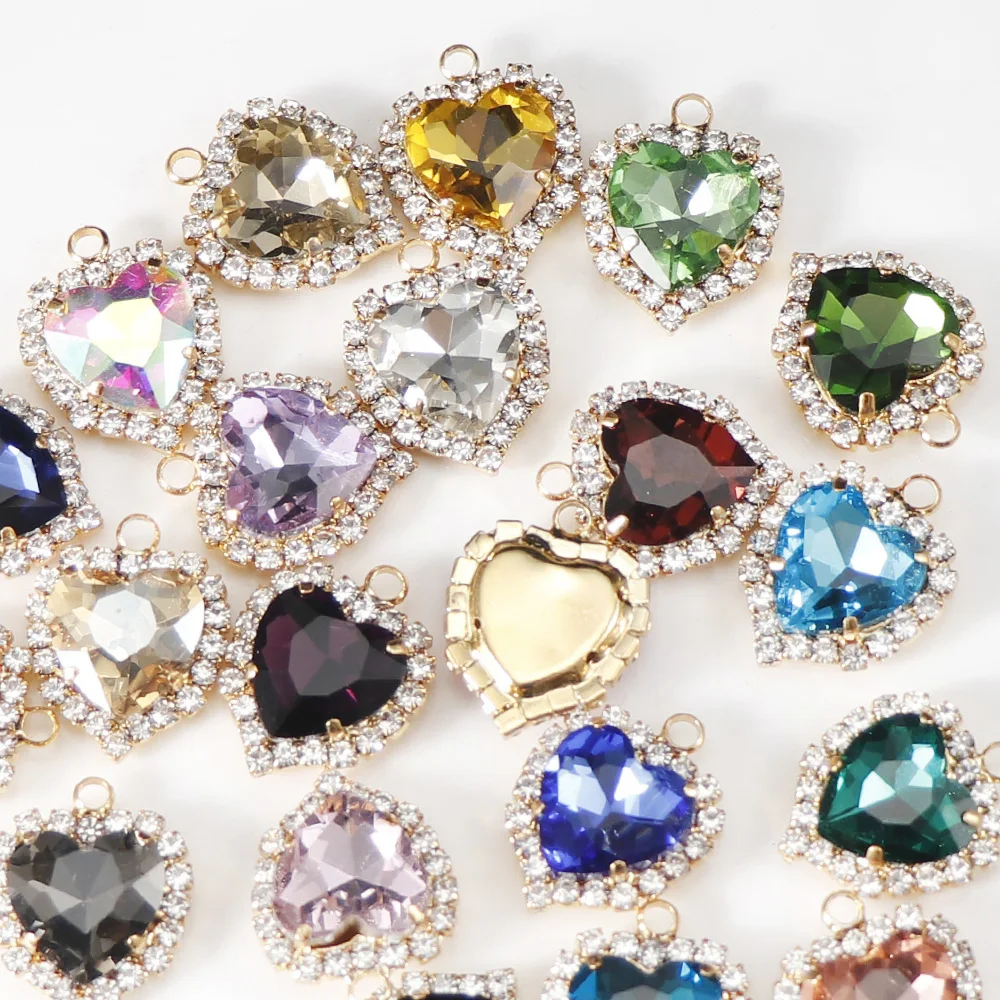 

12mm Gold Heart Sew On With Colorful Glass Stone Claw Crystal Buckle Hanging Pendant Setting DIY Jewelry Clothes Charm