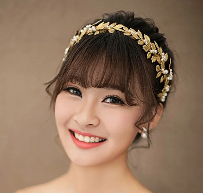 Корейский обруч для волос невесты ретро металлические листья Золотая Жемчужная