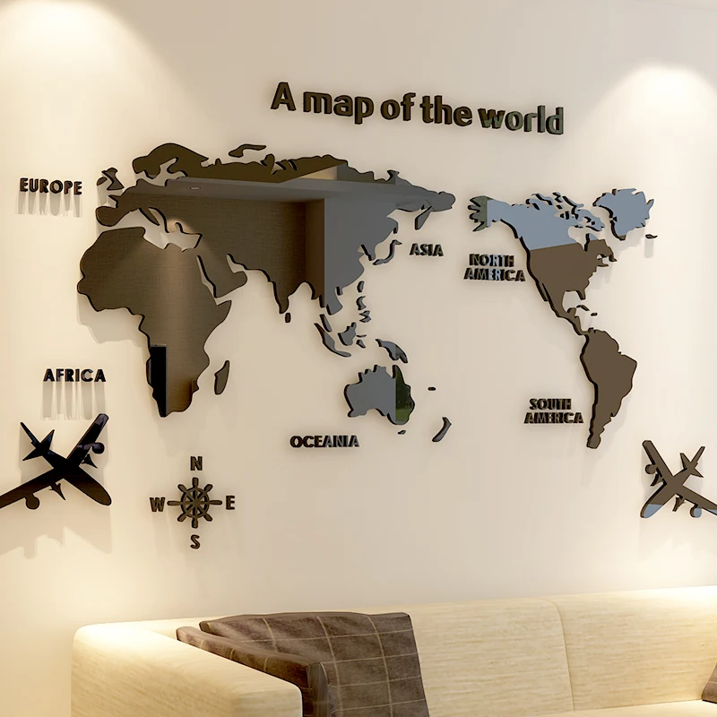 Modern World Map Acrylic Decorative 3D Wall Sticker For Living Room Bedroom Office Decor 5 Sizes DIY Wall Sticker Home Decor