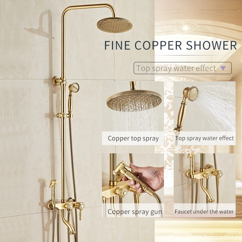 GEYO Ванная комната Латунь Антикварное настенное крепление Душевой набор Смеситель с двумя ручками с ручным душем + полка с смесителем.