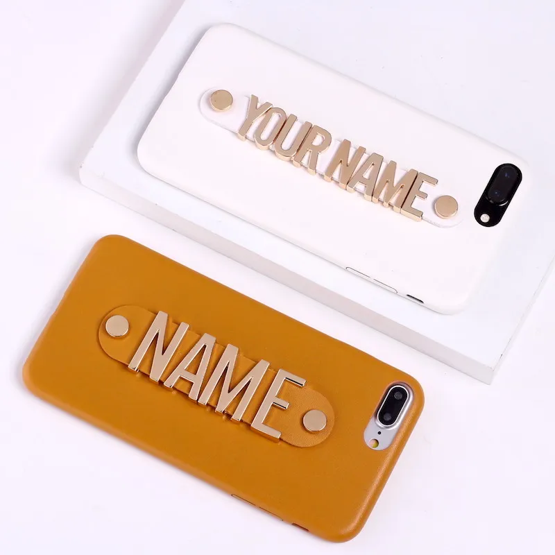 Для iPhone 11 Pro X 6S XS Max 7 7Plus 8 8Plus XR чехол для телефона из натуральной кожи с золотыми буквами и металлическими роскошными смелыми индивидуальными именами