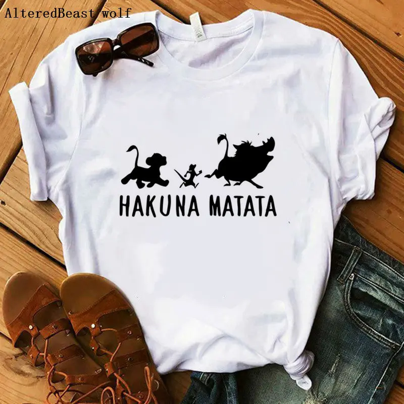 as picture Новинка лета, женская модная футболка, повседневные топы Hakuna Matata, Лев, король, Бабочка, мягкие футболки с круглым вырезом, мультяшный принт, короткий рукав - Цвет: as picture