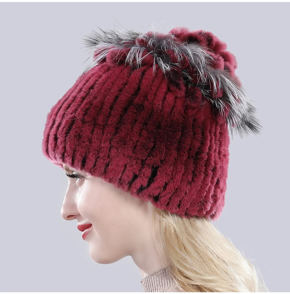 Женские шапки из меха кролика Рекс, зимние шапки из меха кролика Рекс, полосатые шапки с мехом лисы, теплые вязаные шапки из натурального меха