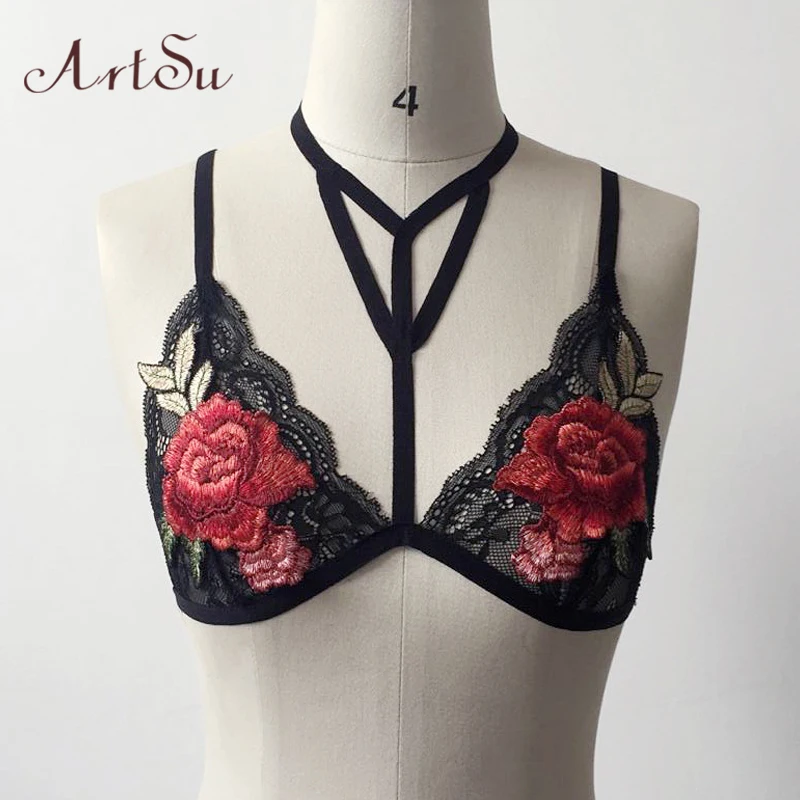 ArtSu сексуальный чокер кружевной топ Цветочная вышивка отжимать Bralette женские