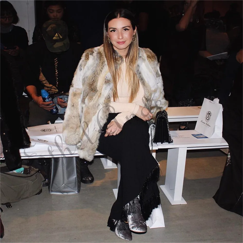 Ethel Anderson Real Farm Rabbit Fur Coat Striped Pattern Full Length Sleeve Coat Hip-Length Outwear