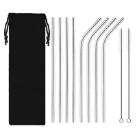 reusable metal drinking straw 304 stainless steel straws straight bent drinking straw with cleaner brush pouch wholesale 10pcs