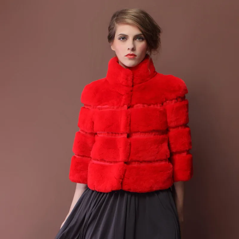 Весенне осенняя женская натуральная куртка с мехом кролика рекс 3/4 рукав женское