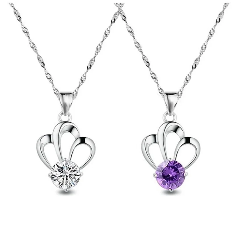 OMHXZJ Wholesale European Fashion Woman Girl Party Gift Crown Amethyst Zircon 925 Sterling Silver Necklace Pendant Charm CA67 | Украшения и