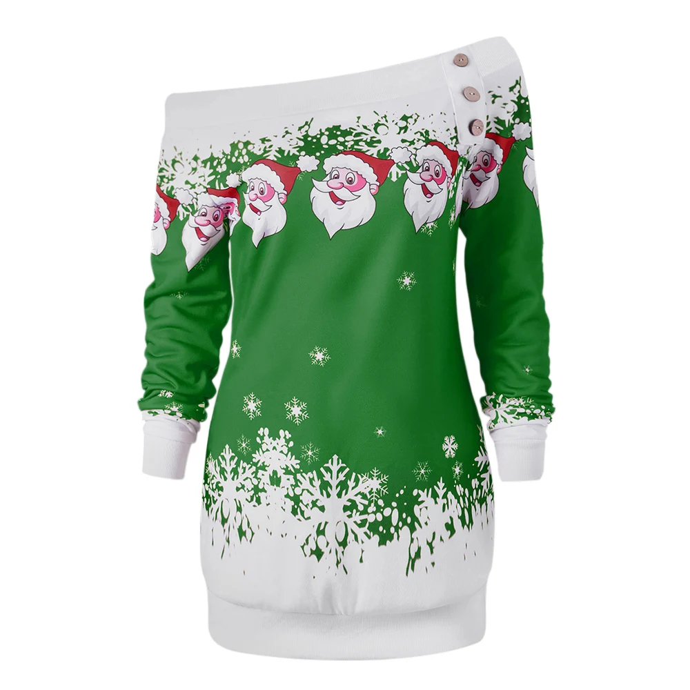 Wipalo Hotsale T Shirts Santa Claus Snowflake Skew Neck Pullover Christmas Shirt Jumper Outerwear Autumn Women Button Tops|button top|christmas t