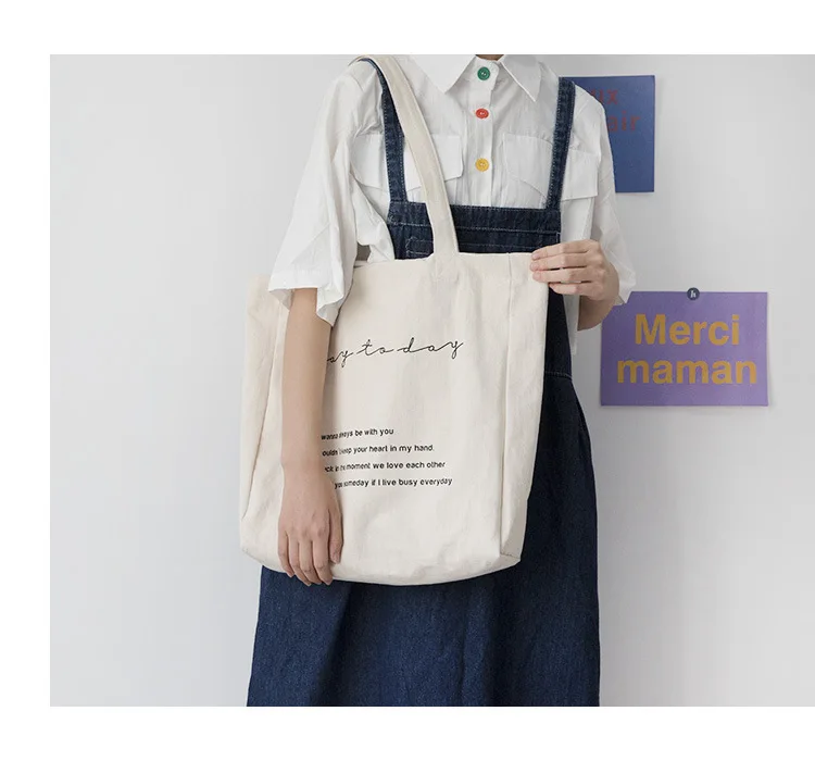 Women Canvas Shoulder Bag Day To Day Letters Print Daily Shopping Bags Students Books Bag Cotton Cloth Handbags Tote For Girls