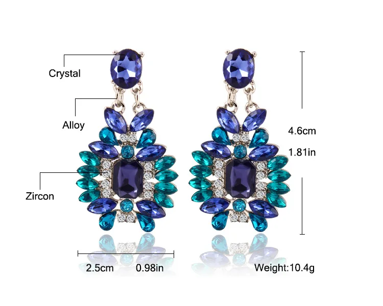 Женские длинные висячие серьги крупные богемные синего цвета с кристаллами