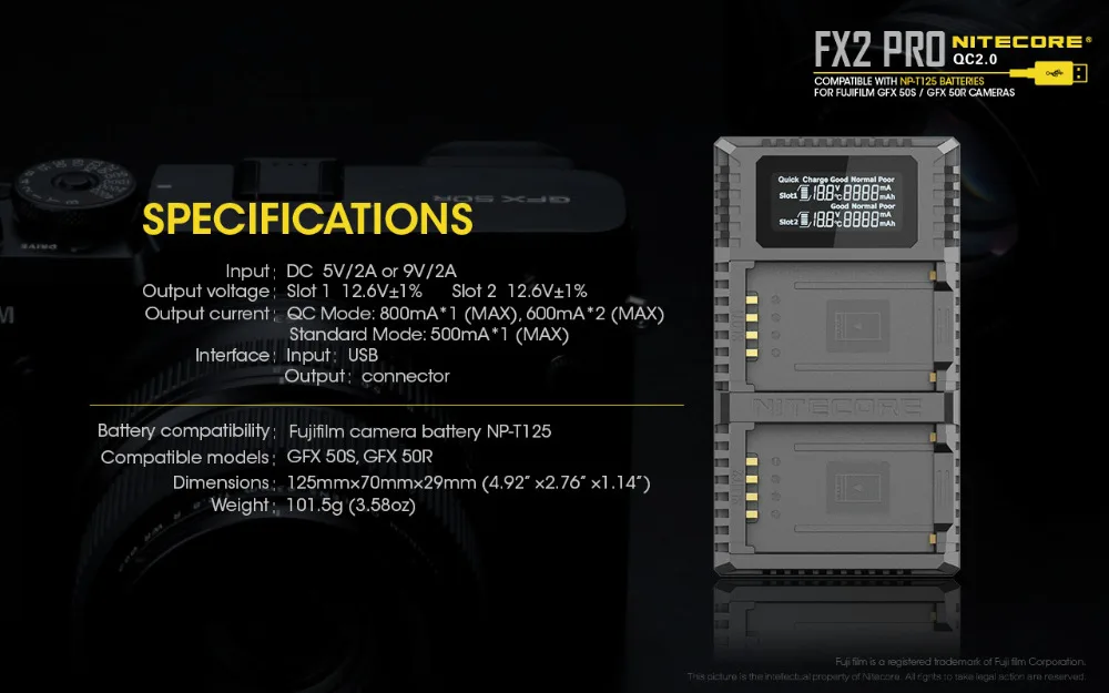 NITECORE FX2 USB двойной слот Путешествия Камера QC зарядное устройство для Fujifilm GFX 50S GFX Fujifilm камера r батарея NP-T125