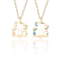 fashion creative diy handmade jewelry enamel alloy double hanging moon rabbit pendant geometric wreath animal pendant necklace