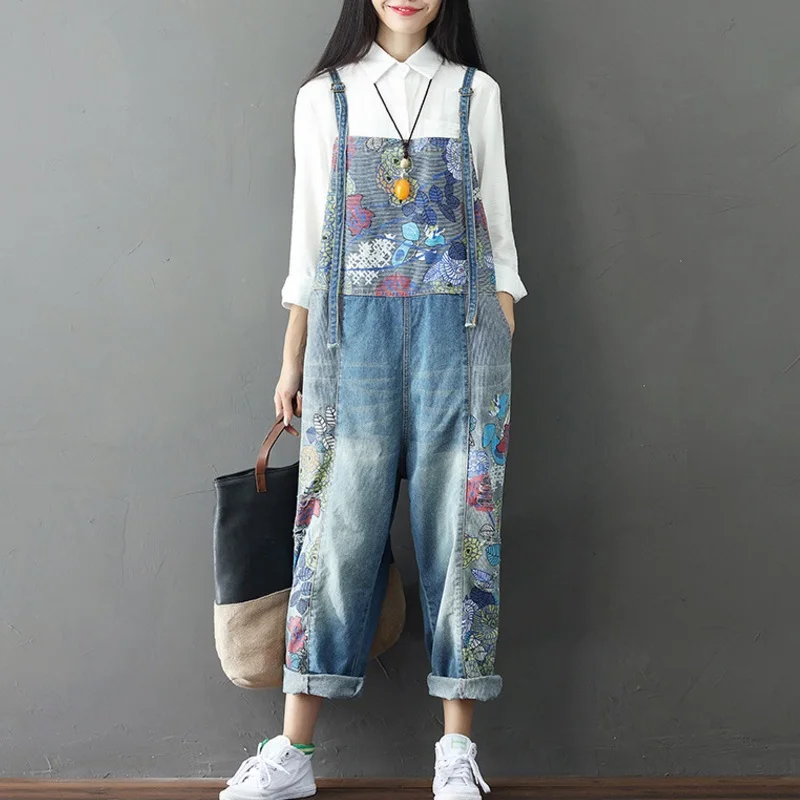 YDHR New Casual Denim Full Length Jumpsuits 2019 Summer Loose Patchwork Vintage Print 2 Colors Women y94 | Женская одежда