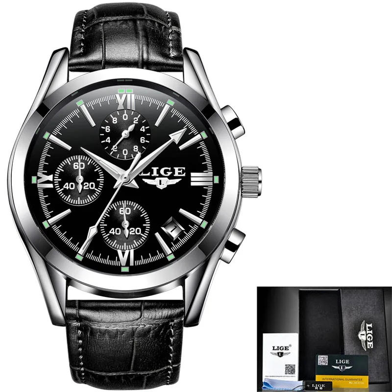 silver black leather LIGE для мужчин s часы лучший бренд класса люкс Модные Бизнес Кварцевые часы для мужчин спортивные полностью стальные водонепроницаемые черные часы Relogio Masculino - Цвет: silver black leather