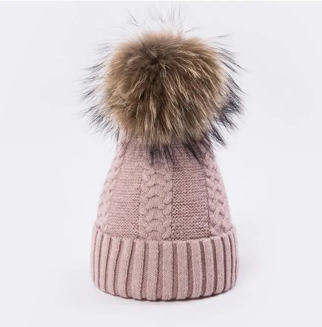 Pink COKK, зимняя шапка, женская вязаная шапка, шапки для женщин и девочек, натуральный мех енота, помпон, шапка с помпоном, помпонами, шапочки Skullies - Цвет: Pink