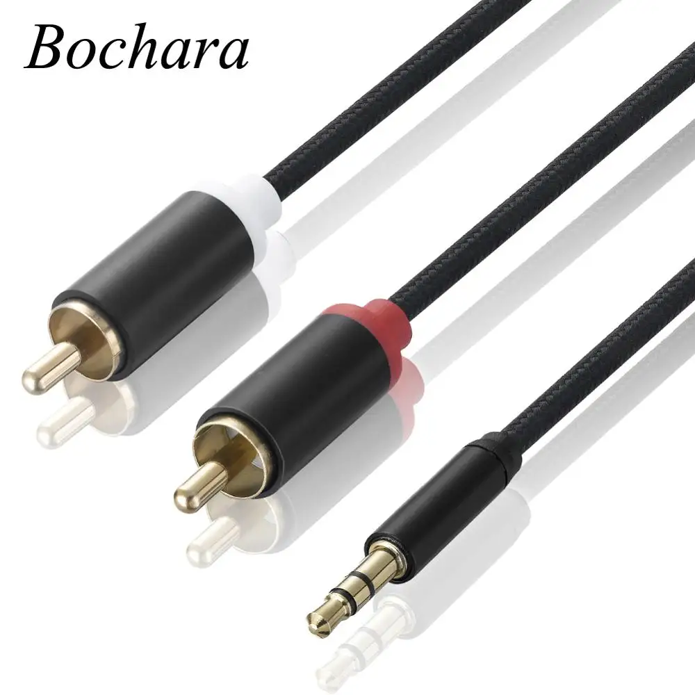 Аудиокабель Bochara в тканевой оплетке со штекером 3,5 мм на штекер 2RCA для усилителя динамиков 50 см, 1 м, 1,8 м, 3 м, 5 м, 10 м