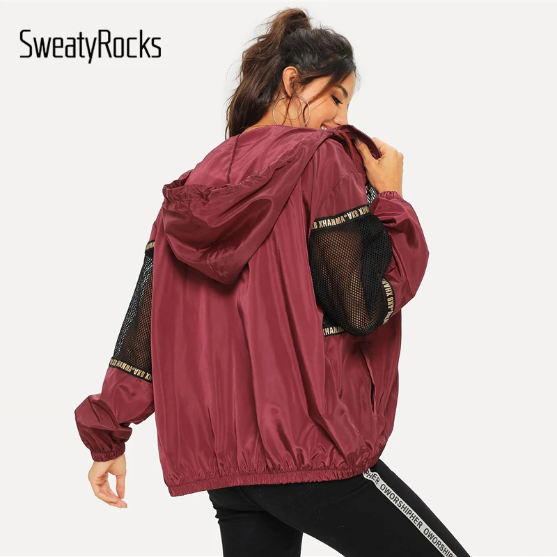 SweatyRocks Бургундская ветровка с капюшоном и сетчатой вставкой на шнурке Женская Осенняя повседневная куртка и топы