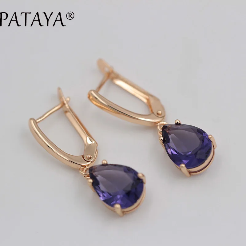 purple PATAYA RU,, зеленые серьги в форме капель воды, натуральный циркон, 585, розовое золото, длинные серьги для женщин, романтические вечерние ювелирные изделия, разные цвета - Окраска металла: purple