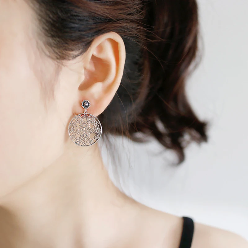 

925 Sterling Silver Drop Earrings Woman Fashion Openwork Floral Vintage Earrings Simple Design Earrings Fine Jewelry WDE009