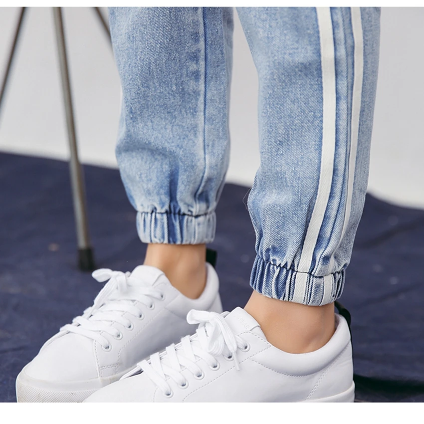 2018 New Vintage Holes Jeans Women Casual Denim Pant Spring Summer High Waist Ripped Jean Ladies White Striped jogger pants |