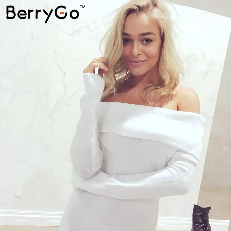 BerryGo осень зима с открытыми плечами вязаное облегающее платье женское сексуальное вечернее платье с длинным рукавом короткие белые платья vestidos
