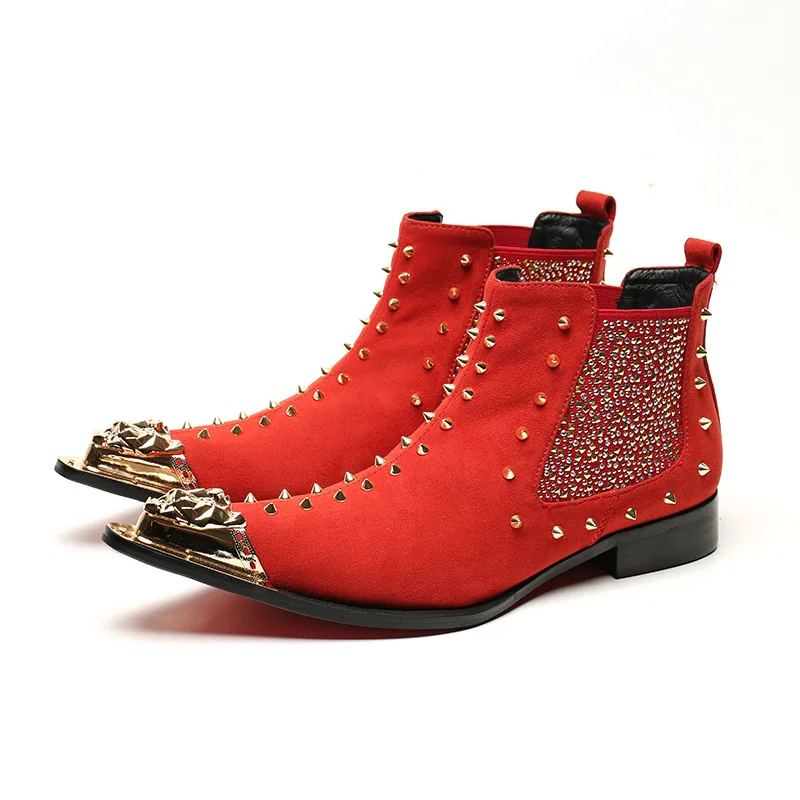 Rivet Punk Fashion Boots Luxury Designer Red Pointed Jeans Leather Ankle Chelsea Genuine Men's Rock Botas | Обувь
