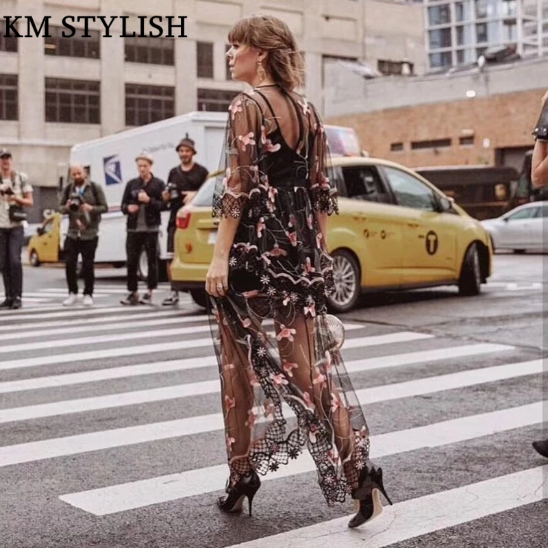 

2019 New Flare Sleeve Lace Perspective Sexy Ankle-Length Dress Slim Embroidered Flora Mesh Fairy Dress Blue & Black Color
