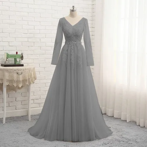 Gray Новое Вечернее Платье Vestido, Длинные вечерние платья цвета шампана с длинными рукавами, соблазнительное Тюлевое платье с аппликацией для выпускного вечера PW923 - Цвет: Gray