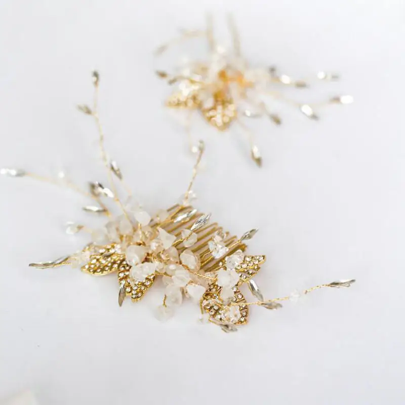 White Crystal Hair Comb Gold Leaves Bridal Accessories For Women Wedding Headpiece Jewelry | Украшения и аксессуары
