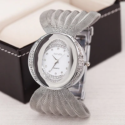 SILVER Модные женские стальные Наручные часы со стразами с циферблатом Золотые/серебряные популярные женские кварцевые часы Топ горячий дизайн часы - Цвет: SILVER