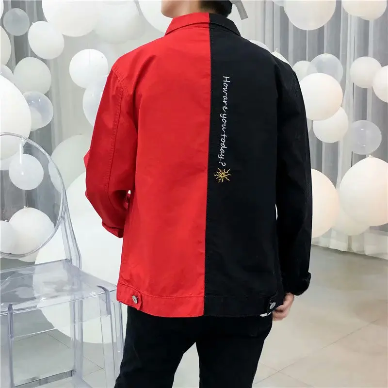 Модная Лоскутная джинсовая куртка Корейская мужская вышивка Slim fit джинсы пальто