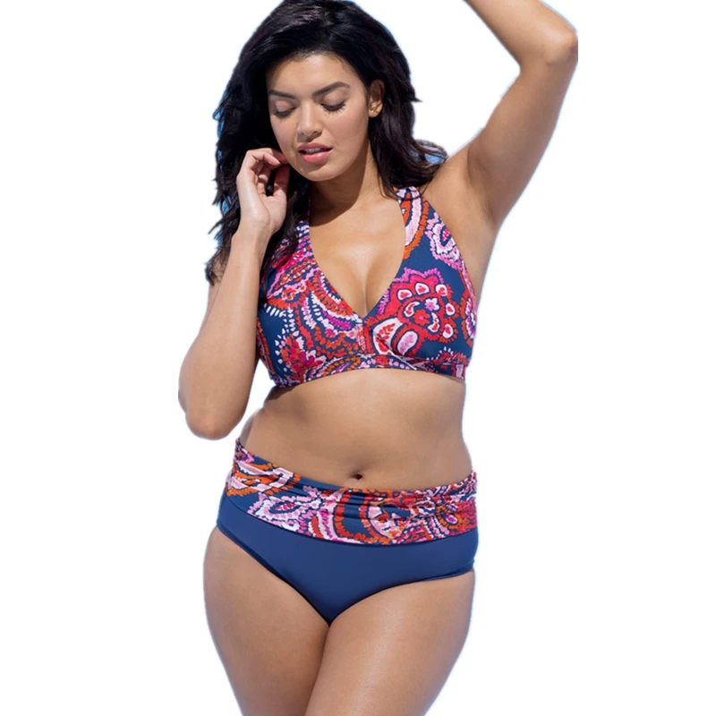 2 шт. размера плюс купальник в горошек печати бикини Для женщин Высокая талия шею