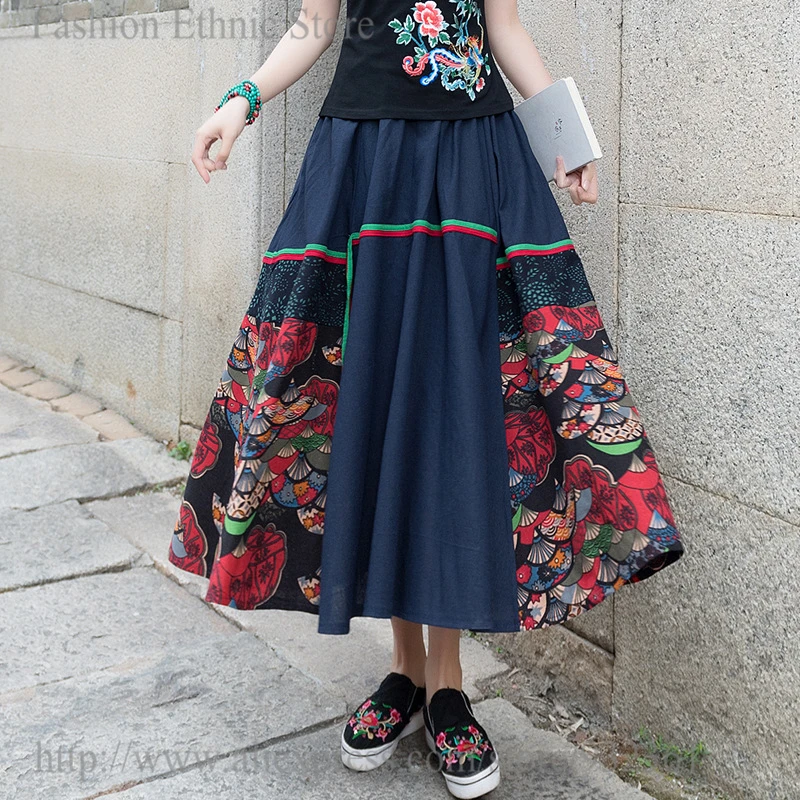 Длинная юбка в стиле ретро с принтом бохо высокая талия большой подол женские