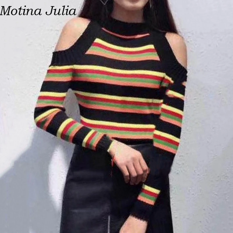 Motina Julia сексуальное платье в полоску с открытыми плечами вязаный свитер женский