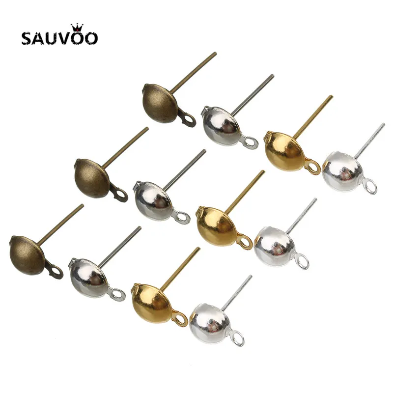 Sauvoo 50pcs Antique Bronze Gold Silver Color Metal Ball Iron Stud Earring Pins 6mm 8mm with Hole for DIY Ear Jewelry Making | Украшения и